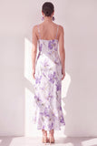 Lila Bloem Spaghetti Bandjes Chiffon Schede Met Ruffles Midi Jurk met split