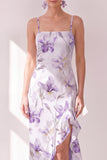 Lila Bloem Spaghetti Bandjes Chiffon Schede Met Ruffles Midi Jurk met split
