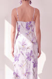 Lila Bloem Spaghetti Bandjes Chiffon Schede Met Ruffles Midi Jurk met split