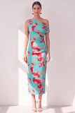 Blauwe Rode Bloem Eenschouder Bodycon Gerimpelde Midi jurk