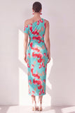 Blauwe Rode Bloem Eenschouder Bodycon Gerimpelde Midi jurk