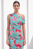 Blauwe Rode Bloem Eenschouder Bodycon Gerimpelde Midi jurk