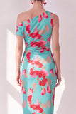 Blauwe Rode Bloem Eenschouder Bodycon Gerimpelde Midi jurk