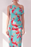 Blauwe Rode Bloem Eenschouder Bodycon Gerimpelde Midi jurk