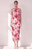 Blauwe Rode Bloem Eenschouder Bodycon Gerimpelde Midi jurk