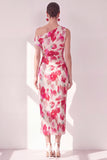 Blauwe Rode Bloem Eenschouder Bodycon Gerimpelde Midi jurk