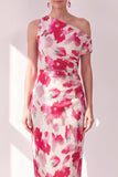 Blauwe Rode Bloem Eenschouder Bodycon Gerimpelde Midi jurk
