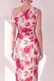 Blauwe Rode Bloem Eenschouder Bodycon Gerimpelde Midi jurk