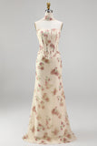 Abrikoos strapless korset Maxi bloemenjurk met halssjaal