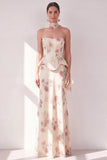 Abrikoos strapless korset Maxi bloemenjurk met halssjaal