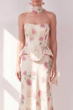 Abrikoos strapless korset Maxi bloemenjurk met halssjaal
