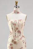 Abrikoos strapless korset Maxi bloemenjurk met halssjaal