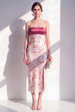 Roze satijn strapless sheath bloemen midi jurk met split