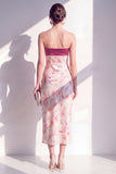 Roze satijn strapless sheath bloemen midi jurk met split