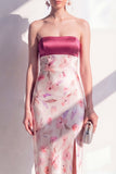 Roze satijn strapless sheath bloemen midi jurk met split