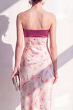 Roze satijn strapless sheath bloemen midi jurk met split