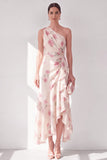 Abrikoos met één schouder chiffon A-lijn maxi bloemenjurk met ruches