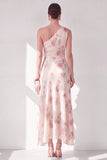 Abrikoos met één schouder chiffon A-lijn maxi bloemenjurk met ruches