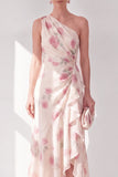 Abrikoos met één schouder chiffon A-lijn maxi bloemenjurk met ruches