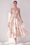 Abrikoos strapless chiffon gerimpelde A-lijn midi bloemenjurk