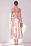 Abrikoos strapless chiffon gerimpelde A-lijn midi bloemenjurk
