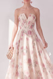 Abrikoos strapless chiffon gerimpelde A-lijn midi bloemenjurk