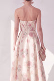 Abrikoos strapless chiffon gerimpelde A-lijn midi bloemenjurk