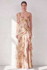 Abrikozenzeemeermin Chiffon gerimpelde korset met gerimpelde bloemen maxijurk met split