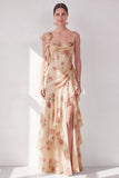 Abrikozenzeemeermin Chiffon gerimpelde korset met gerimpelde bloemen maxijurk met split