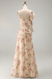 Abrikozenzeemeermin Chiffon gerimpelde korset met gerimpelde bloemen maxijurk met split