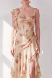 Abrikozenzeemeermin Chiffon gerimpelde korset met gerimpelde bloemen maxijurk met split