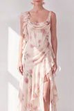 Abrikozenzeemeermin Chiffon gerimpelde korset met gerimpelde bloemen maxijurk met split