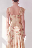 Abrikozenzeemeermin Chiffon gerimpelde korset met gerimpelde bloemen maxijurk met split