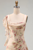 Abrikozenzeemeermin Chiffon gerimpelde korset met gerimpelde bloemen maxijurk met split