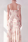 Abrikozenzeemeermin Chiffon gerimpelde korset met gerimpelde bloemen maxijurk met split