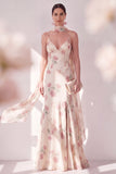 Abrikozenzeemeermin Chiffon Spaghetti Straps Maxi Bloemenjurk met split