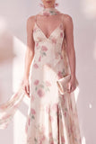 Abrikozenzeemeermin Chiffon Spaghetti Straps Maxi Bloemenjurk met split