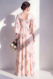A-lijn abrikozenbloemige chiffon V-hals lange bruidsmeisjesjurk met fladderende mouwen