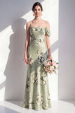 Satijn Salie Groene Zeemeermin Bloemen Spaghetti Straps Lange Bruidsmeisjesjurk