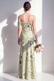 Satijn Salie Groene Zeemeermin Bloemen Spaghetti Straps Lange Bruidsmeisjesjurk