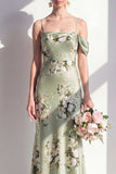 Satijn Salie Groene Zeemeermin Bloemen Spaghetti Straps Lange Bruidsmeisjesjurk