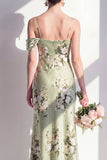 Satijn Salie Groene Zeemeermin Bloemen Spaghetti Straps Lange Bruidsmeisjesjurk