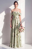 Off-the-shoulder satijnen saliegroene bloemenjurk lange bruidsmeisjesjurk met A-lijn A-lijn