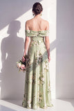 Off-the-shoulder satijnen saliegroene bloemenjurk lange bruidsmeisjesjurk met A-lijn A-lijn