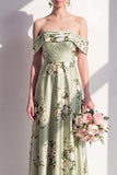 Off-the-shoulder satijnen saliegroene bloemenjurk lange bruidsmeisjesjurk met A-lijn A-lijn