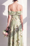 Off-the-shoulder satijnen saliegroene bloemenjurk lange bruidsmeisjesjurk met A-lijn A-lijn
