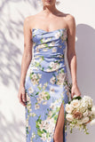 Strapless blauwe bloemen gerimpelde bruidsmeisjesjurk met split