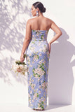 Strapless blauwe bloemen gerimpelde bruidsmeisjesjurk met split