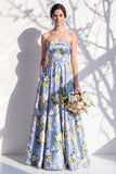 Strapless blauwe bloemenjurk van de A-lijn bruidsmeisjesjurk