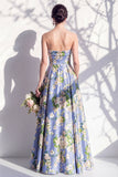 Strapless blauwe bloemenjurk van de A-lijn bruidsmeisjesjurk